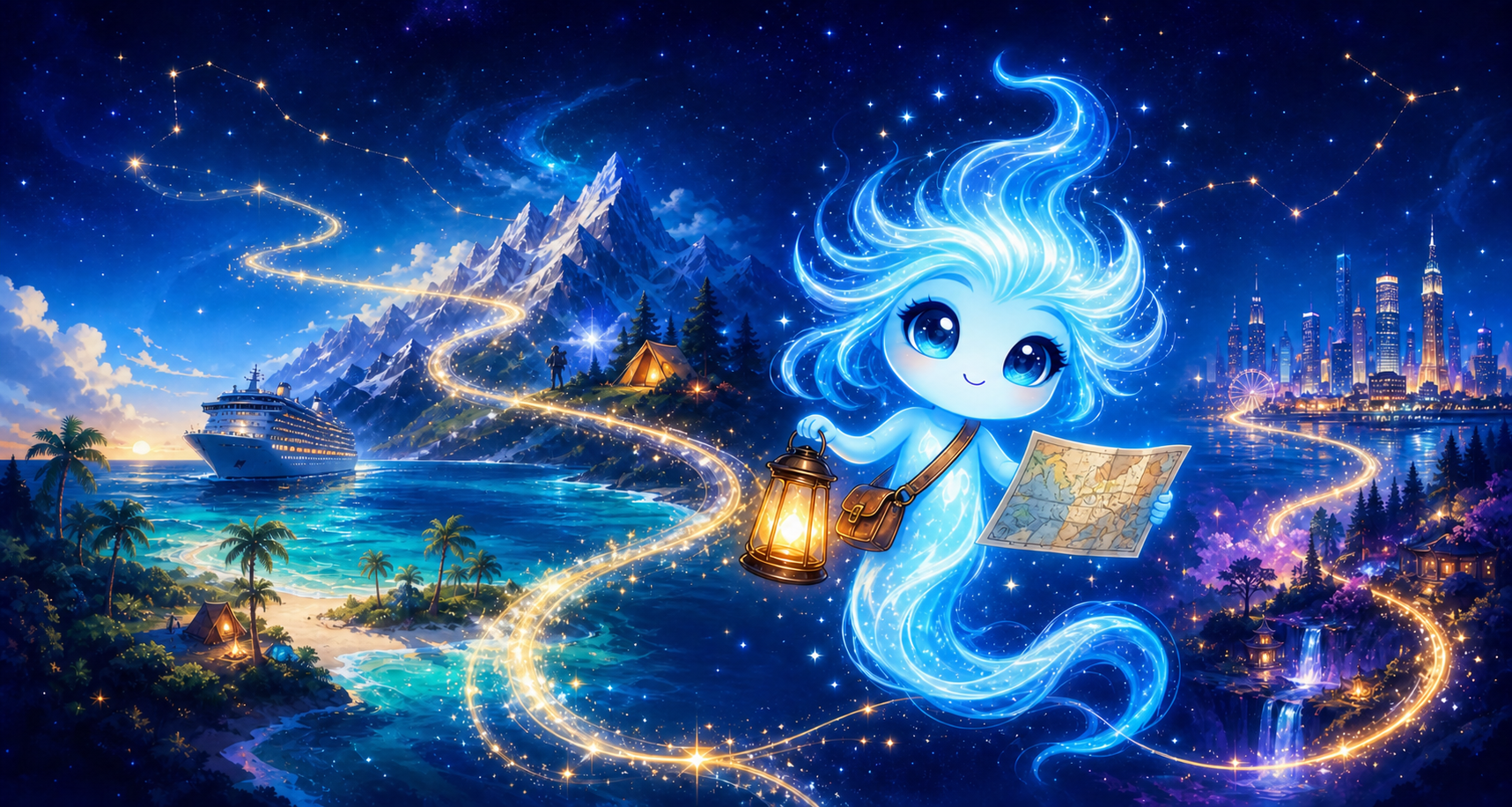 Willa the Wisp guiding a glowing path between a tropical coast, cruise, mountains, and a colorful city