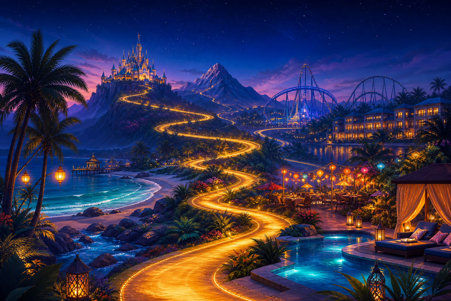 A glowing golden path connecting beaches, mountains, resort lights, dining, and thrilling adventures