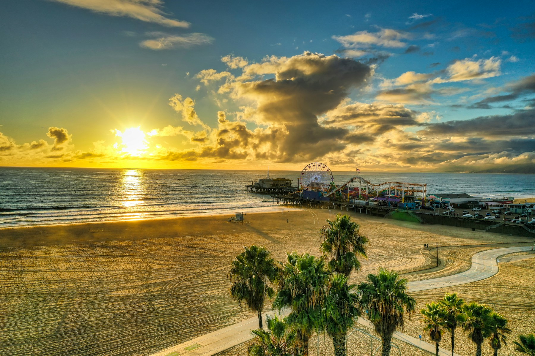 Palm trees at Santa Monica Pier during golden hour