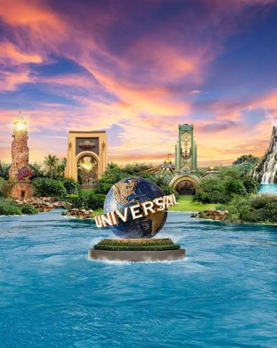 Universal Orlando globe and lagoon at sunset